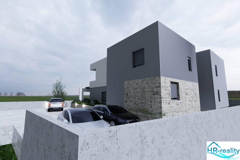 The view of the recreational apartment in Vodice includes a parking lot and modern architecture.