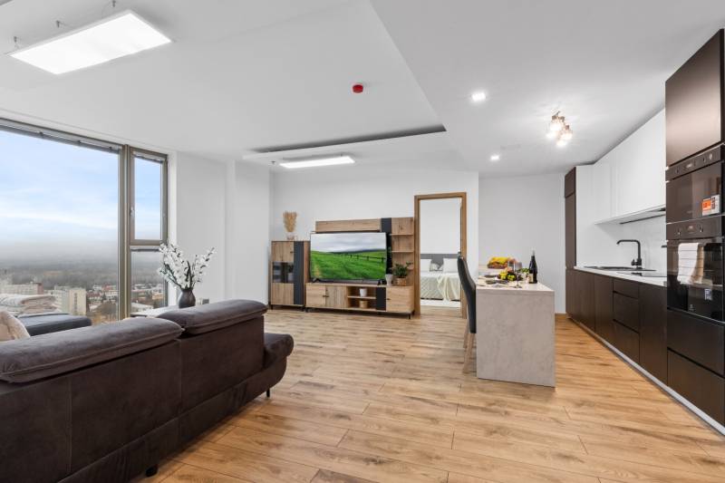 Open living room with kitchen, wooden decor flooring, 3-room apartment.