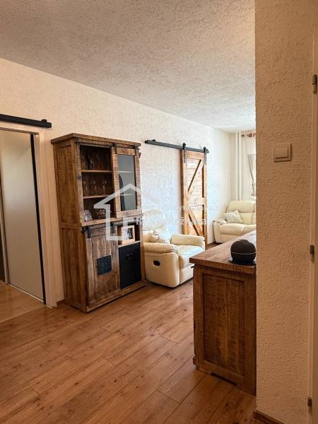 Living room in a 3-room apartment with a sofa and a wooden decor floor.