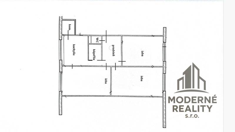 Floor plan of a 3-room apartment with a kitchen, hallway, and pantry.