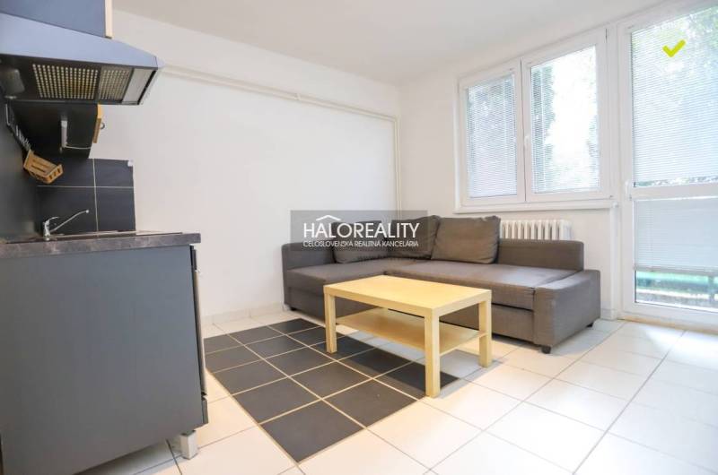 A small living area with a kitchenette, a sofa, and a coffee table in a studio apartment.