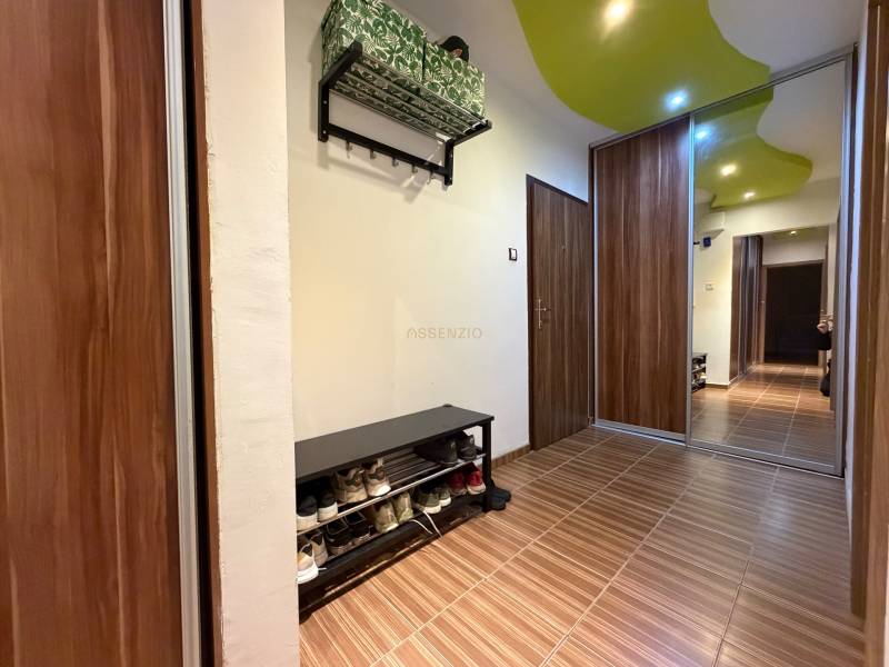 Entrance hallway in a 3-room apartment with a shoe cabinet and a mirrored wardrobe, floor with wood decor.