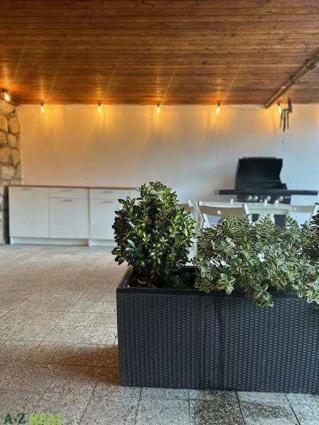 The exterior of the 3-room apartment features a terrace with a grill, lighting, and plants.