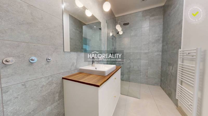 Modern bathroom with a shower, sink, and wooden decor flooring.