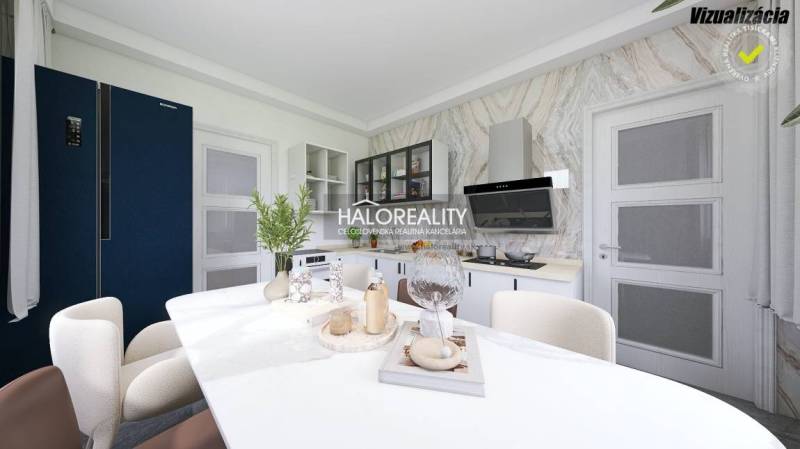 A kitchen in a family house with stylish furnishings, open shelves, and a large refrigerator.