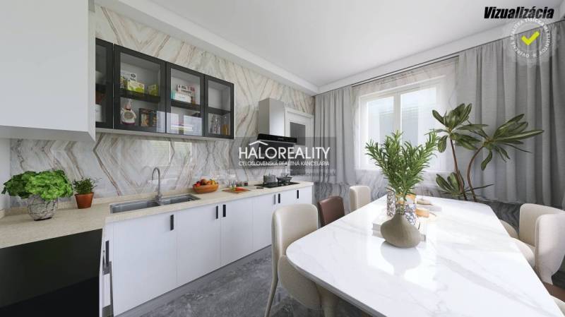 A kitchen in a family house with a stylish countertop and dining table.