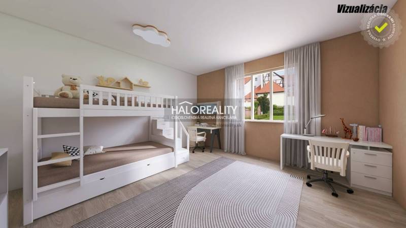 Children's room with a bunk bed, desk, and floor with wooden decor in a family house.