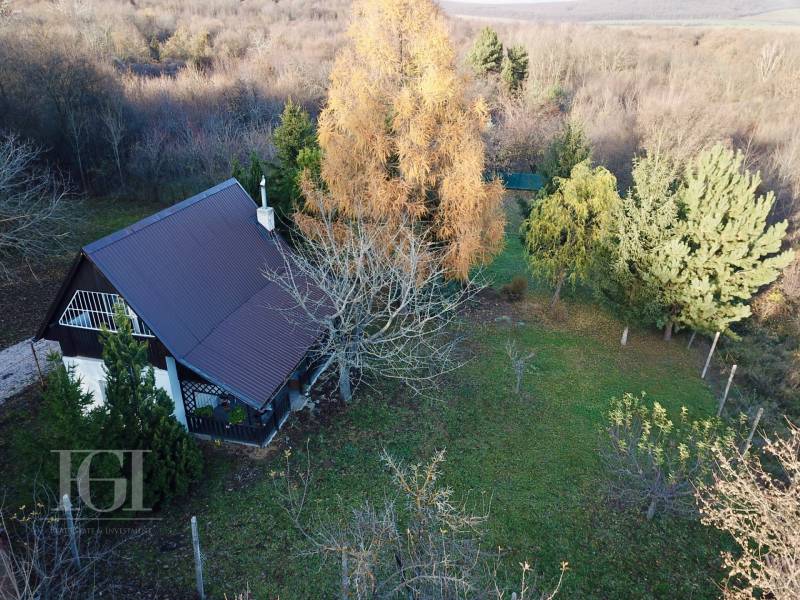 A cottage in Štitáre surrounded by trees and a spacious garden in an autumn atmosphere.