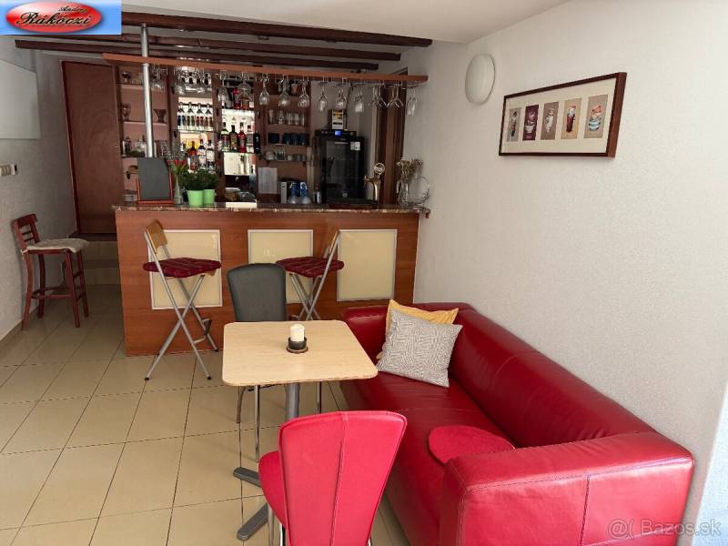 Red sofa and bar counter in commercial premises with glass and wood decor.
