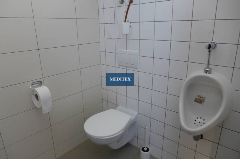 Bathroom with a wall-hung toilet and urinal, divided by white tiles.