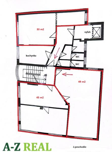 Floor plan of offices with an area of 33 m², 45 m², and 49 m², including a kitchenette and a toilet.