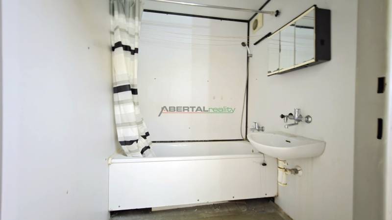 Bathroom in a studio apartment with a shower curtain and a mirrored cabinet above the sink.