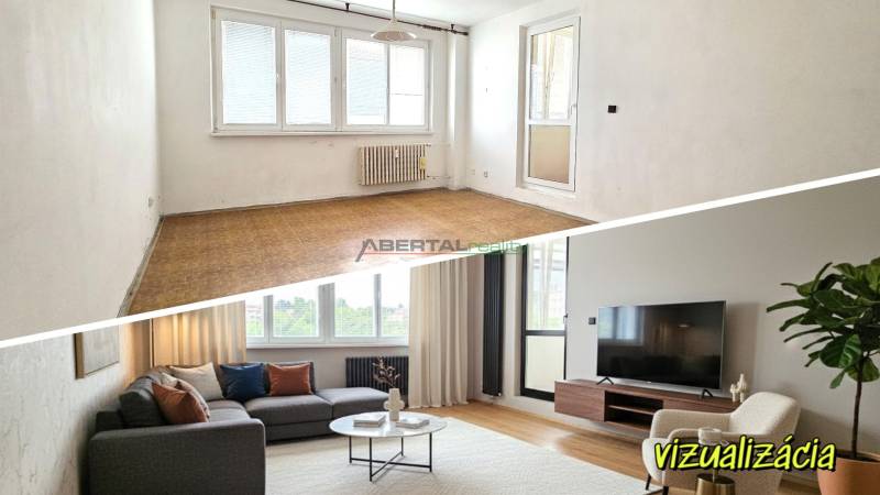 Original state and visualization of the living room in a one-room apartment with a wooden decor floor.
