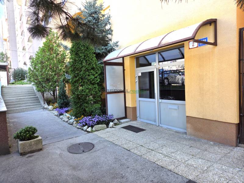 Entrance to the building on Pribišova Street, Bratislava - Dlhé diely, lined with greenery and flowers.
