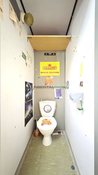 A small bathroom with a toilet, decorated with posters and stickers in a studio apartment.