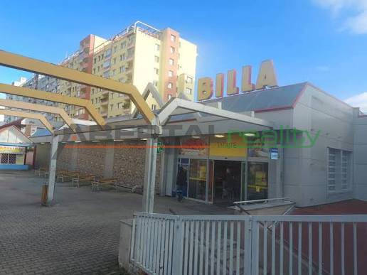The building of the BILLA store with a sign on Pribišova Street, Bratislava - Dlhé diely, 1-bedroom apartment.