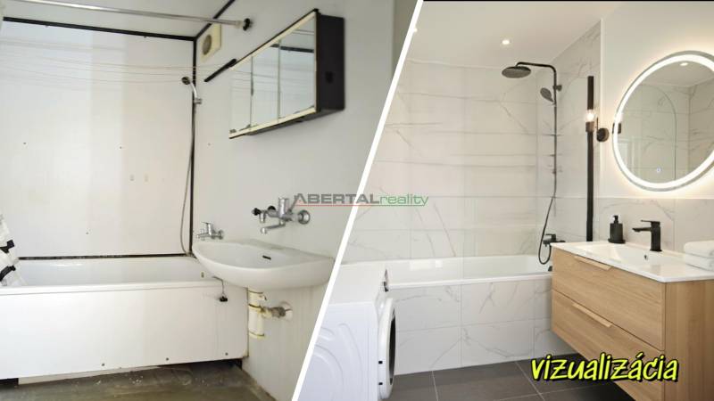 Comparison of the old and new bathroom with a shower and sink in a studio apartment.