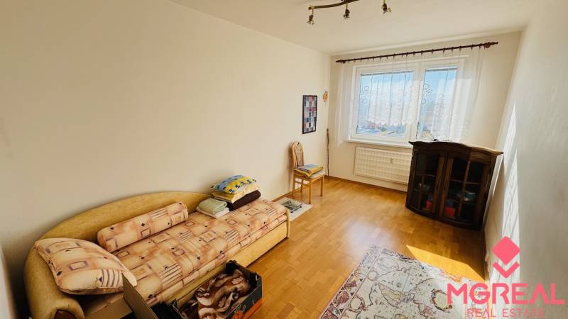 A room in a 4-room apartment with a wooden decor floor and a sofa.