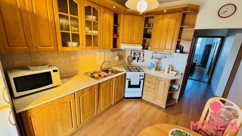 Kitchen unit in a 4-room apartment with a wood-patterned floor and a microwave.