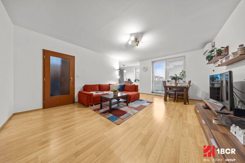 Living room with a red sofa and wood-patterned flooring in a two-room apartment.