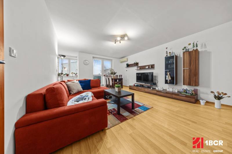Living room in a two-room apartment with a wooden decor floor, a sofa, and a television.
