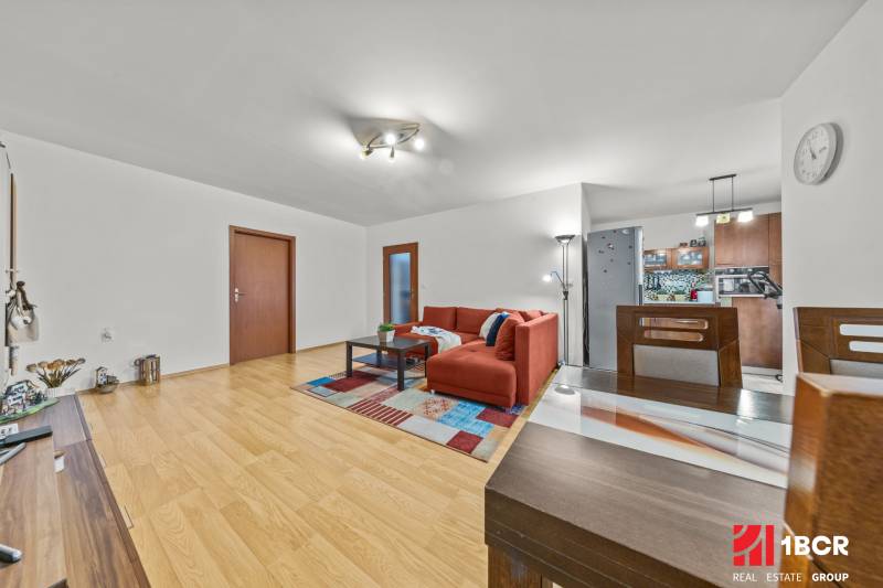 Living room with a red sofa and a wooden decor floor in a 2-room apartment.