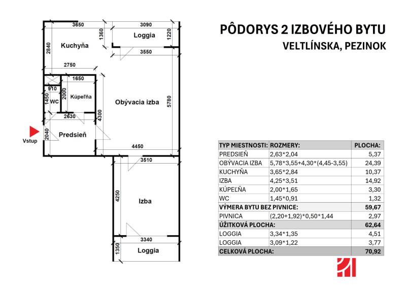 The floor plan of a 2-room apartment on Veltlínska Street in Pezinok with detailed room dimensions.