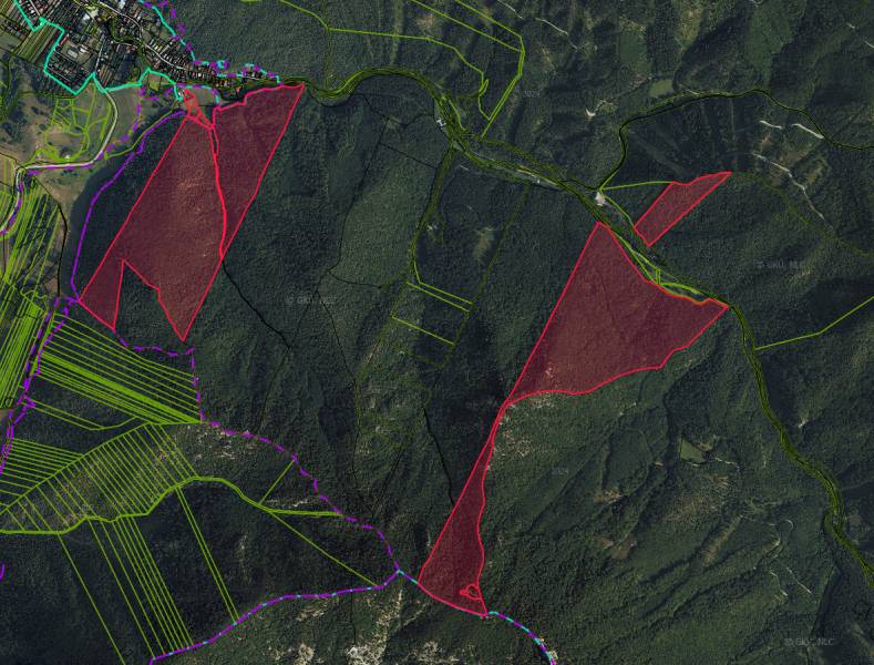 Aerial view of agricultural and forest lands near Necpaly with marked areas.