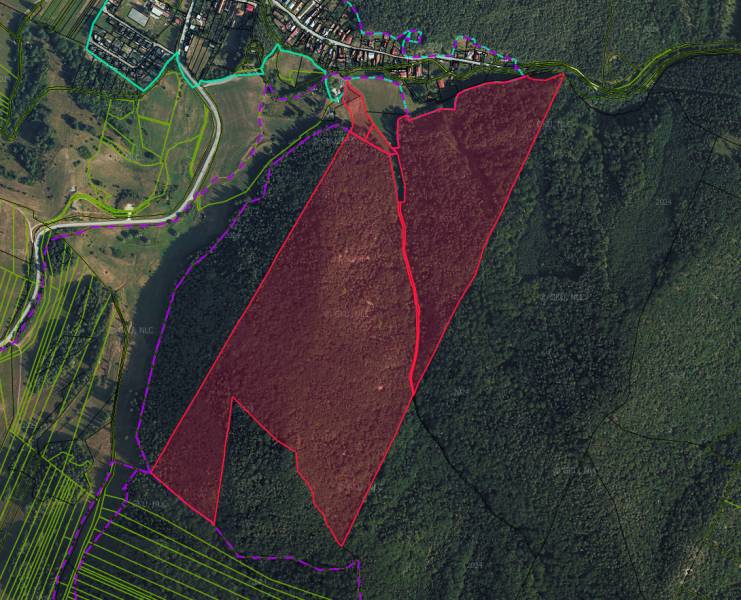 A shot from the Necpaly area shows forest lands with marked boundaries and infrastructure.