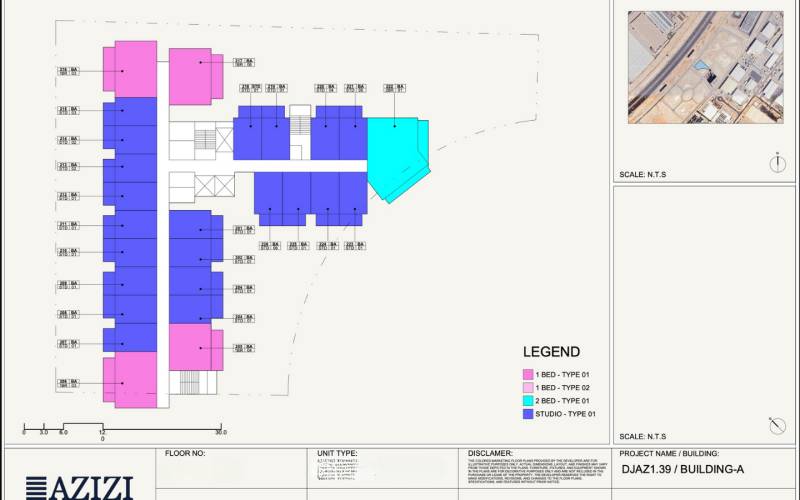 Floor plans of apartments in the Azizi building with highlighted room types.