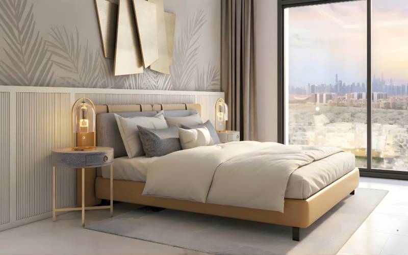 Elegant bedroom in a studio apartment with stylish decorations and a city view.