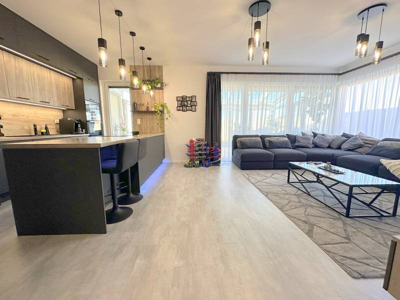 Spacious living room with kitchen in a family house, wooden decor flooring, large sofa.