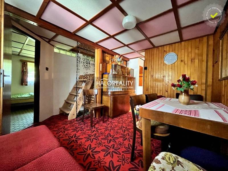 A stylish living area in a cabin with wooden decor and carpeted flooring.