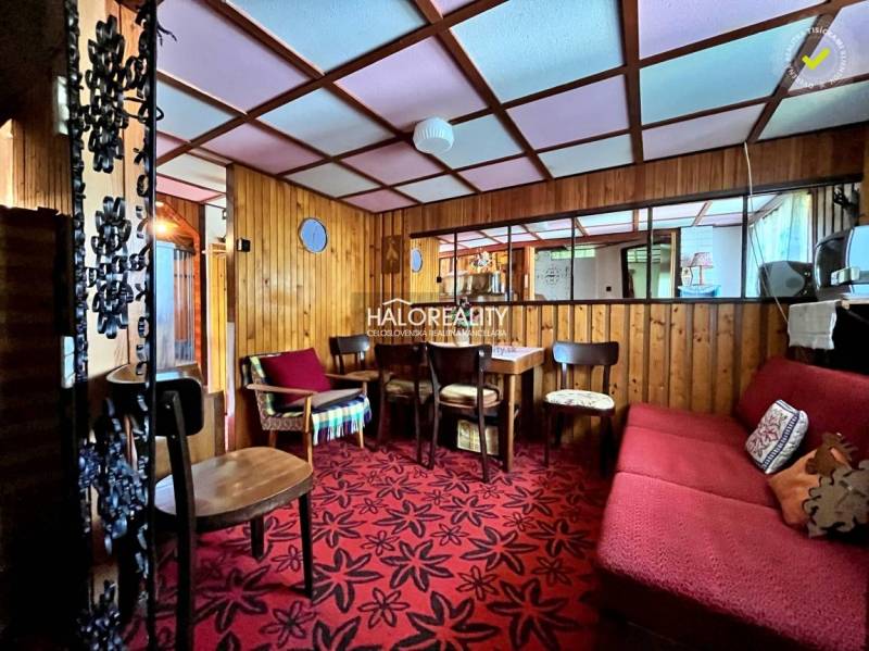 Interior of a cabin with wooden paneling, red carpet, and a table with chairs.