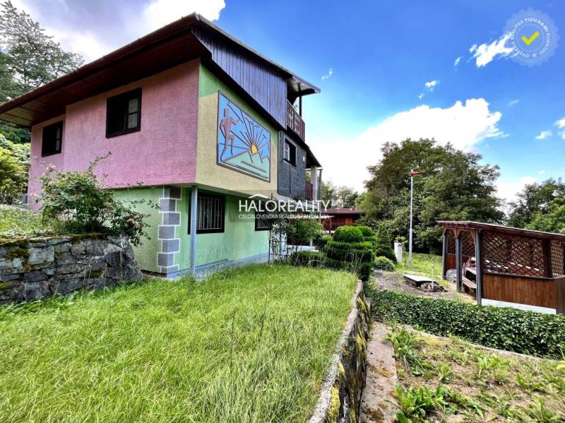 Colorful cottage in Dudince surrounded by greenery, decorative mosaic on the wall, wooden shelter.