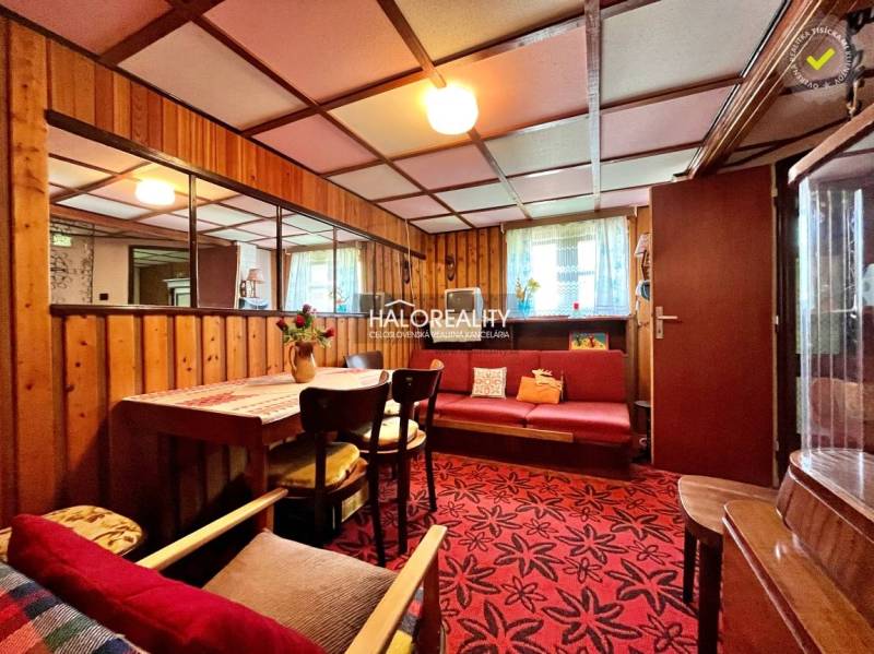 Interior of a cabin with a sofa set, wooden wall decor, and flowers on the table.
