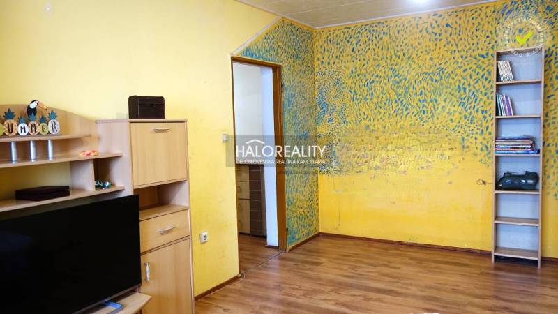Interior of a 1-room apartment with a wooden decor floor and vibrant yellow walls.