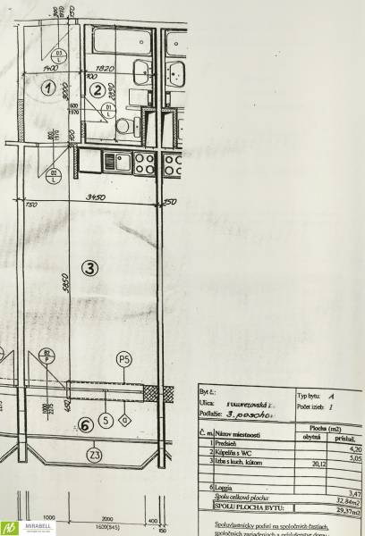 Layout of a studio apartment with a room and kitchenette, bathroom, and loggia.