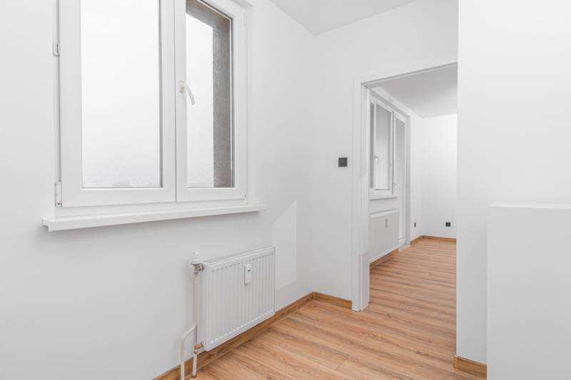 Bright space in a one-room apartment with wood-patterned flooring and a large window.