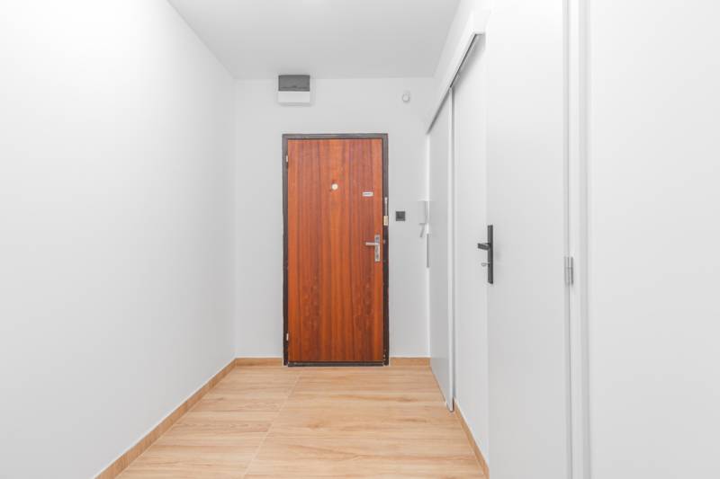 A white hallway interior with doors and a wooden decor floor in a studio apartment.