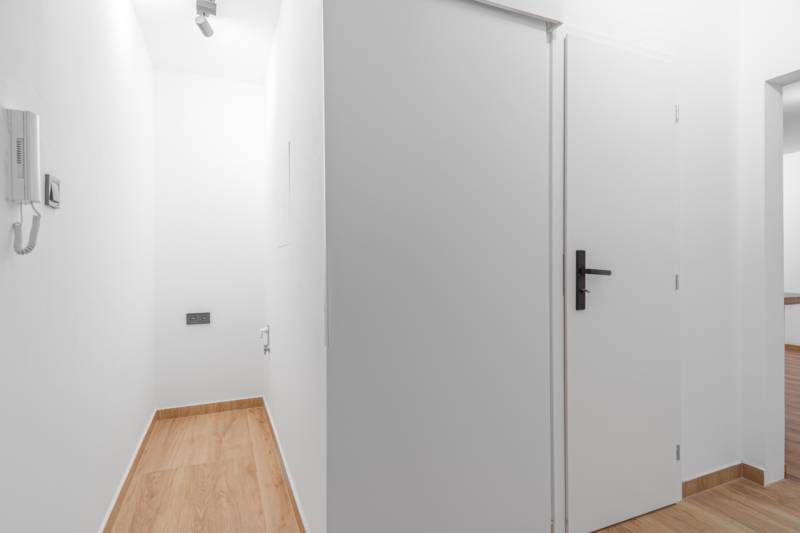 A narrow hallway with white walls in a one-room apartment, flooring with a wooden decor.