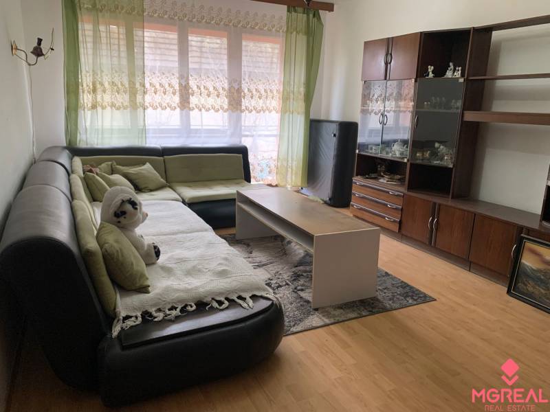 Living room in a family house with a wooden decor floor and a comfortable sofa.
