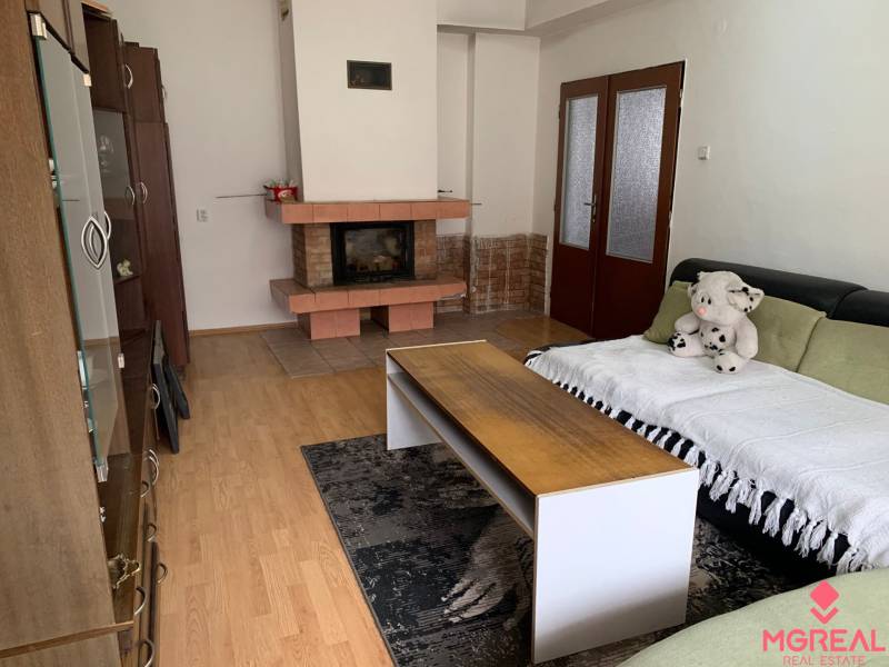 Living room in a family house with a fireplace, wooden decor flooring, and a comfortable couch.