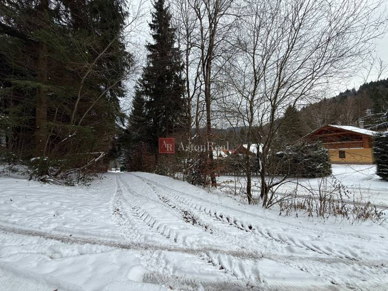 A snowy road leads through the Recreational lands in Čertov, Lazy pod Makytou, in the forest.