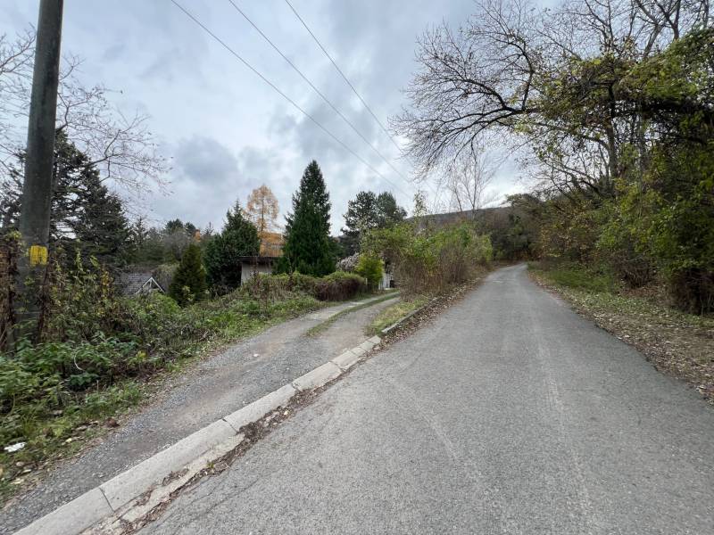 The road in Bratislava - Devínska Nová Ves, Pod Srdcom street surrounded by greenery and cottages.