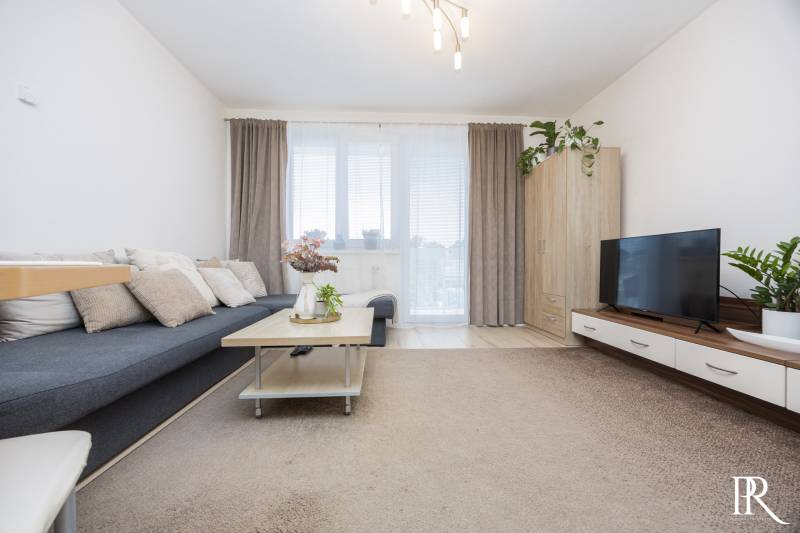 Living room in a two-room apartment with a sofa and a television, floor with wooden decor.