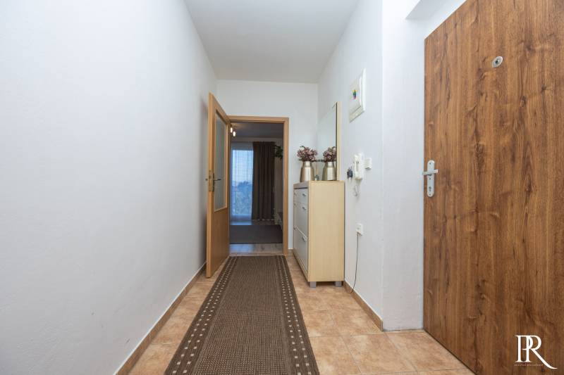 Hallway in a 2-room apartment with tiles, carpet, and a chest of drawers.