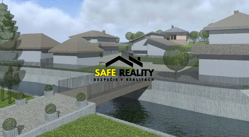 Visualization of residential plots in Dlhé Pole with a water canal and modern architecture.