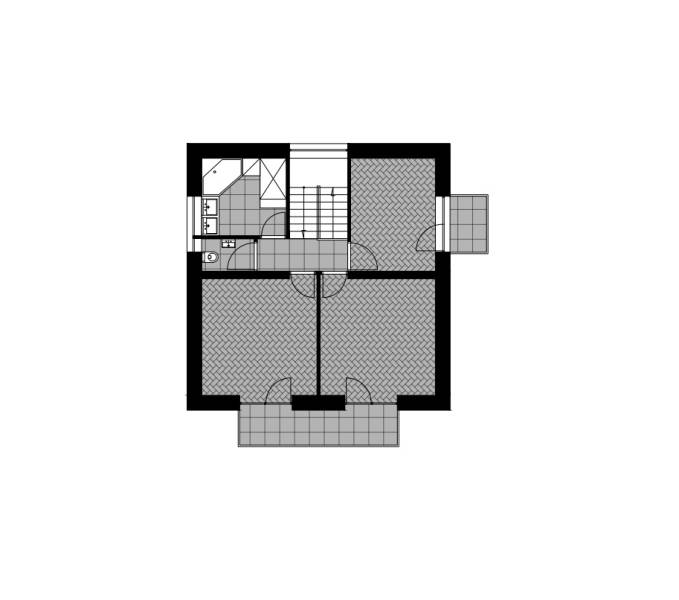 Floor plan of a family house with two rooms, a staircase, and a bathroom. Floor with wood decor.