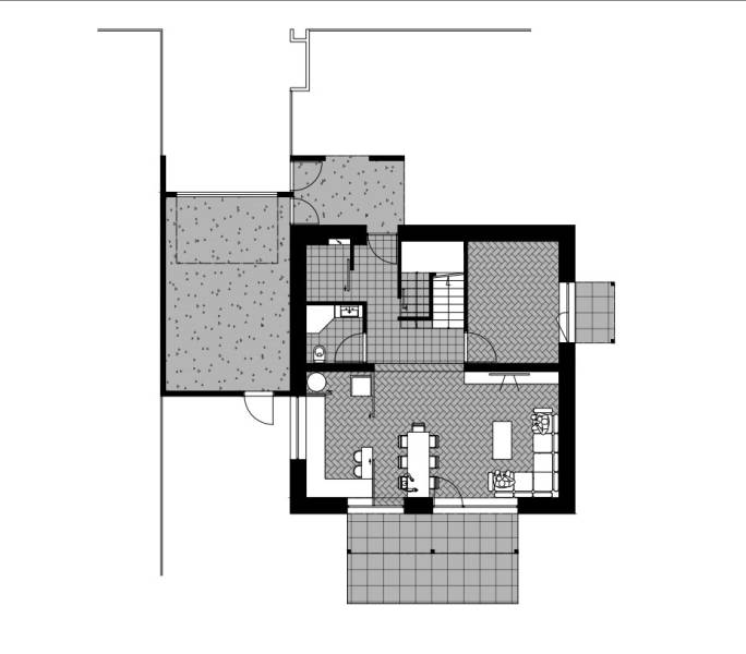 Floor plan of a family house with an entrance hall, kitchen, dining room, living room, and bathroom.
